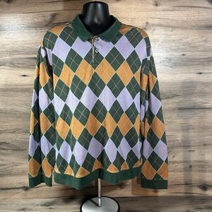 OBEY Sweater Mens XL ARGYLE Multicolor Collared Knit Pullover